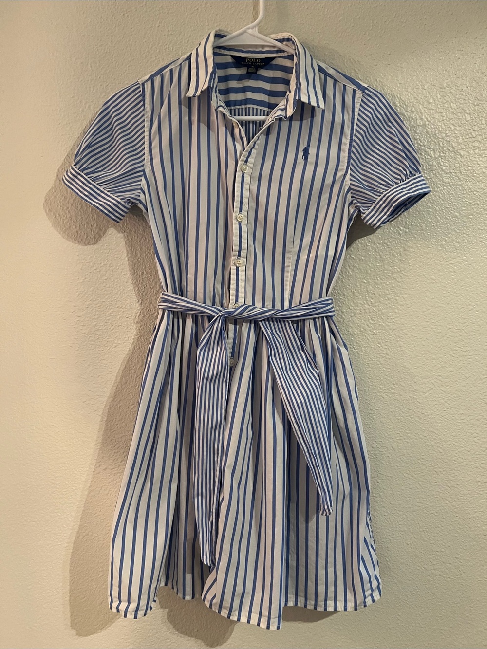 Polo by Ralph Lauren Blue and White Striped Shirt Dress with Tie Waist